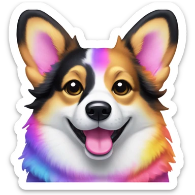 Tri-colored corgi with black near temples in the style of Lisa Frank with toy sticker