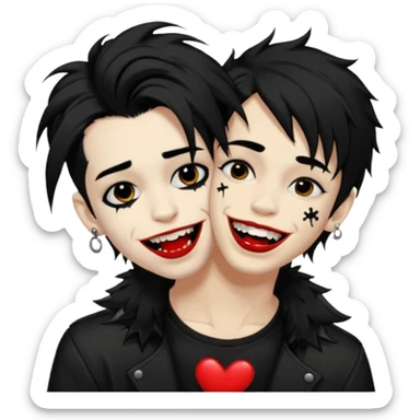 Laughing pale Goth boy with a bunch of face piercings, with shaggy dark brown hair, and messy black eyeliner , smudged, red, lipstick , kissing tan boy with long black hair  sticker