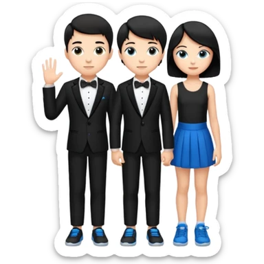 generate a pretty bratz fair skinned boy with short black hair wearing a black tux with blue sneakers with a girl sticker
