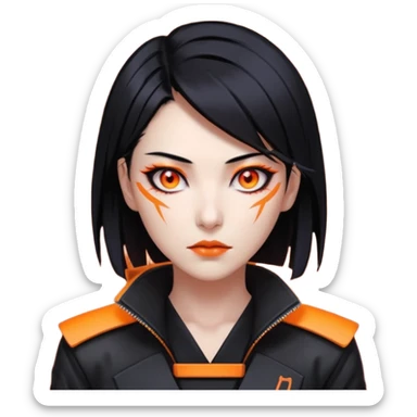 Cyberpunk Japanese woman, mid-50s looking young, sharp features, sleek black hair, glowing orange eyes, vengeful expression, neon highlights. sticker