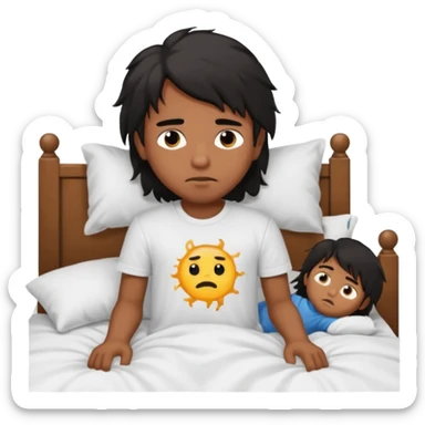 generate a pretty bratz brown skinned boy with black messy long hair wearing a white tshirt sitting in his in bed. Looking sleepy sticker