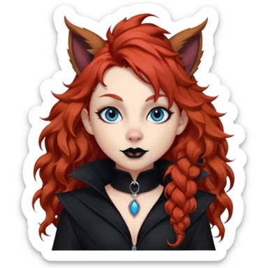 long curly red hair (darker), red pointed ears with black trim, black goth outfits, body and face human, blue eyes, more pointy chin, black lipstick, one big fluffy red squirrel tail with black tips, like the attached photo with more outfits and poses,  sticker