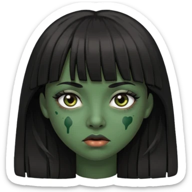 Mulher de franja cabelo preto pele verde bem escuro com a cara machucada com os olhos regalado fundo escuro cabelo longoo sticker