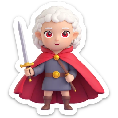 character with short sheep horns, curly white hair, round dark gray face, red eyes, red cape with yellow bell, holding a large sword, confident and cute expression sticker