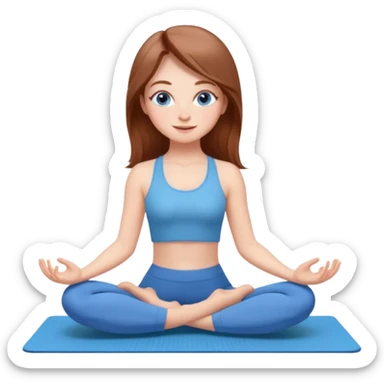 A girl with fair skin and a natural blush. Eyes are large, expressive, blue. Hair is long, straight, light chestnut. Smile is soft, friendly, does yoga sticker