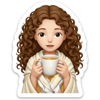 a slender girl with fair skin with long curly brown hair wrapped in a cream blanket in her hands a white mug her face is calm and her eyes are closed sticker