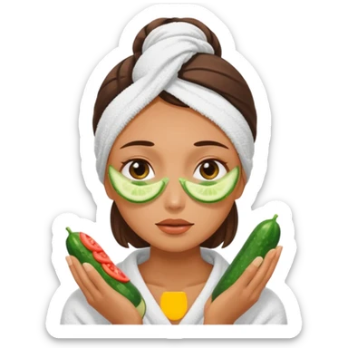 woman at the spa with cucumbers on her eyes (no eyeballs showing) and tan skin tone with towel covering hair sticker