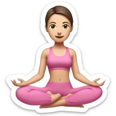 Brunette white girl in pink suit doing yoga with clothed eyes and band on her head sticker
