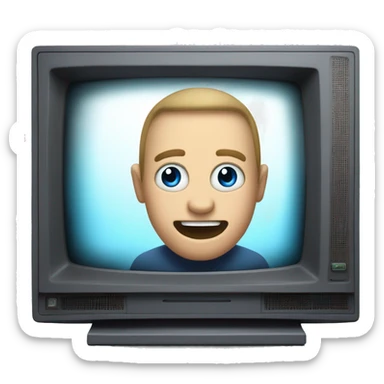 twitch emote of a Man with a TV for a head with blue digital eyes and hes happy, No human head sticker