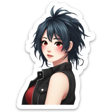 Gorgeous anime style shojo character with blushing face aesthetic and pretty edgy black red punk hair with hair garment trending style sticker