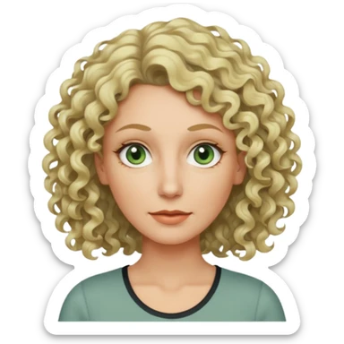 a woman in her late 40s and has greyish greenish eyes and blonde curly hair wearing a grafic top# sticker