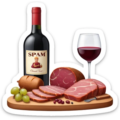 SPAM MEAT charcuterie with fruit and a bottle of wine sticker