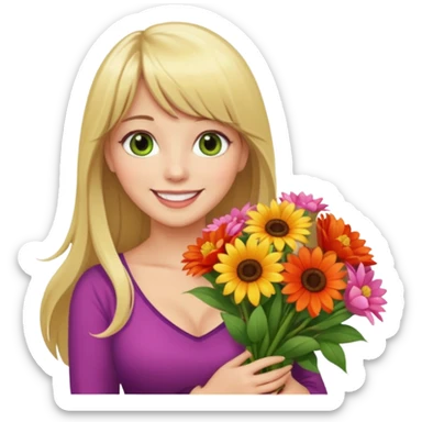Long blonde haired with bangs, and big boobs smiling woman with hazel geen eyes holding a big bouquet of beautiful bright flowers  sticker