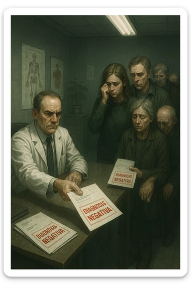 A realistic, cinematic illustration set in a dull, grey-toned medical office. A middle-aged male doctor in a white coat with a stern, cold expression is seated at his desk, handing out medical reports with large red ‘Negative Diagnosis’ stamps to each patient in line. The patients, of various ages and appearances, stand in a line, each looking increasingly sad, defeated, and demoralized as they receive their papers, with slumped shoulders and empty gazes. One young woman wipes away a tear, while a man stares at the paper in shock. The background shows medical posters, a faded plant, and harsh fluorescent lighting, emphasizing the cold, mechanical environment. The mood is heavy, illustrating how negative diagnoses delivered without empatia can deeply affect the mental health and morale of patients. The style is realistic, with subtle filmic grain, emphasizing emotional impact and the weight of medical words on people’s lives. in italiano sticker