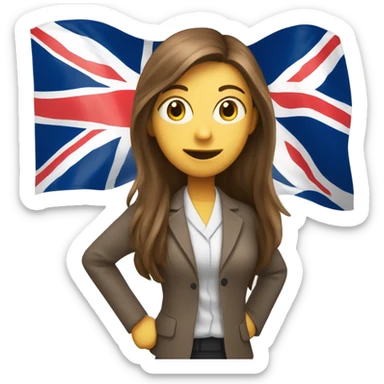 English teacher female with long brown hair and Britain flag sticker