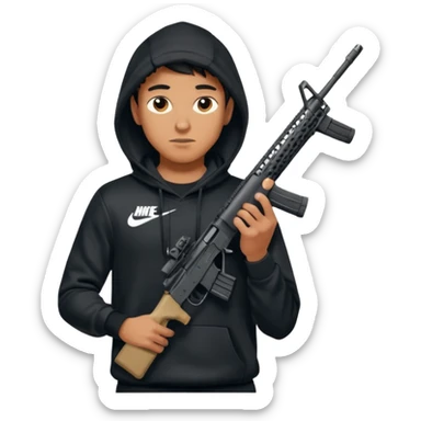 
Fais moi un jeune taliban qui ressemble qui tient une AR15 avec un hoodie a capuche, capuché, avec la cagoule nike therma fit hood sticker
