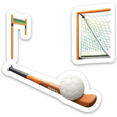 A field hockey stick and ball positioned on a vibrant green grass field, with the goalposts and clear field markings in the background. The scene highlights the lush, well-maintained turf, emphasizing the speed and precision of the sport in an energizing outdoor setting. sticker