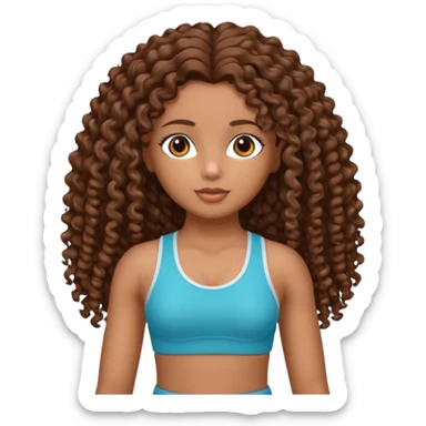 Uma boneca morena com olhos castanhos e cabelo cacheado longo até o peito, treinando Gym sticker