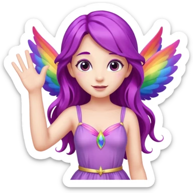 Female fairy
Long purple hair
Pink dress
Rainbow wings
Waving one hand
Saying hello

 sticker