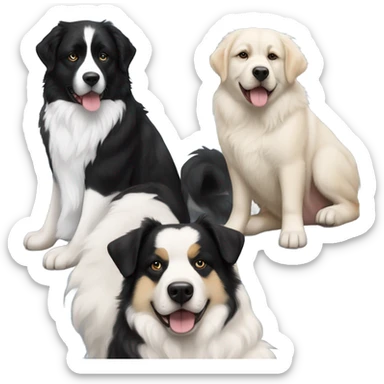 Landseer Great Pyrenees, black and white Husky, Black tri Australian Shepherd and tan and black French Bulldog sitting next to each other sticker