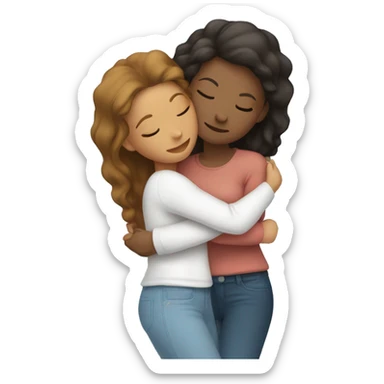 Two female best friends hugging each other, eyes closed, deep in loving hug, one wearing light blue and one and white sticker