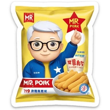 a yellow snack package labeled "MR KIM PORK" with "THE LEGENDARY SNACK" written at the top. The packaging features an illustrated person wearing glasses and a blue jacket with a red band containing a white star. The package also indicates it contains "11g PROTEIN PER PACK" and has "TRIPLE" on a banner with numbers "190/135". sticker