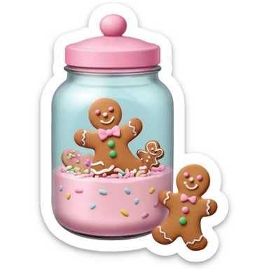 pastel pink christmas cookies in different shapes and one gingerbread man in pastel pink jar with pink lid  sticker