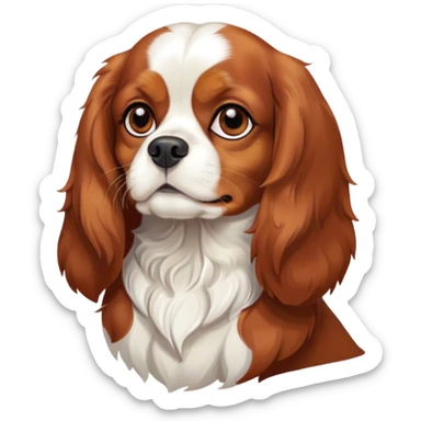 Cinematic Noble Blenheim Cavalier King Charles Spaniel Portrait Emoji, Poised and regal, with a graceful, medium build and a well-groomed Blenheim coat featuring rich chestnut and white markings, soulful brown eyes, Simplified yet sharp and sophisticated features, highly detailed, glowing with a soft, dignified glow, high shine, intelligent and affectionate, stylized with an air of elegance, focused and attentive, soft glowing outline, capturing the essence of a watchful and refined companion, so majestic it feels as though it could step out of the screen with effortless authority! sticker