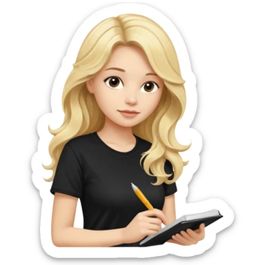 A beautiful blonde with long wavy hair in a black T-shirt sits and writes in a diary with a pen. sticker