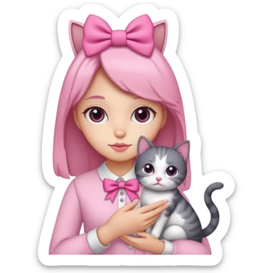 A gurl with pink bow holding a cat sticker