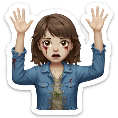 Uma menina zombie com um cabelo ondulado médio, com a franja pro lado esquerdo, o cabelo com cor castanho com as mão pra cima tipo zombie  sticker