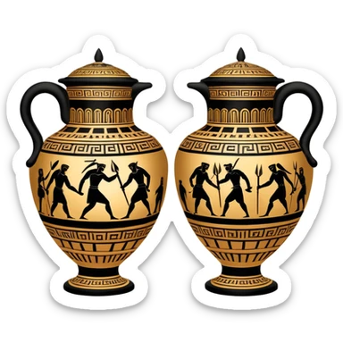 Cinematic-realistic Grecian urn, an exquisite black-figure pottery masterpiece resting in the dim glow of an ancient temple. Intricate golden depictions of two warrior fighting with spears and warriors encircle its curved form, telling timeless myths of heroism and tragedy.  sticker