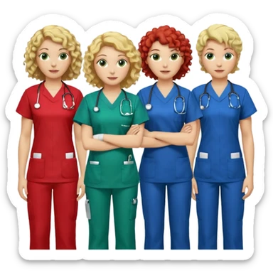 3 nurses: nurse 1 is wearing green work clothes, curly hair, middle european. nurse 2 is wearing blue work clothes, blond hair, scandinavic, nurse 3 is wearing white work clothes, red hair. they all stand in a classroom, "Academy" written in white on board sticker