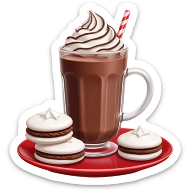 A glass of chocolate milk sits on a red saucer surrounded by chocolate cookies and sugar meringues. sticker