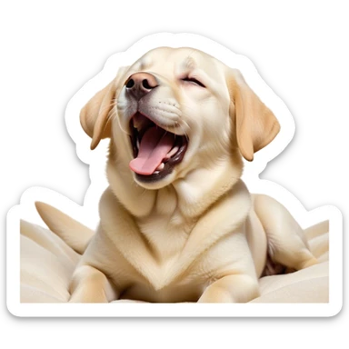 Cinematic Cute Yawning Cream Labrador Portrait Emoji, Head tilted slightly with a dramatic, wide-open yawn, showcasing a smooth cream Fur with a subtle shimmer, floppy ears slightly drooping, round warm eyes barely open in drowsy contentment, Simplified yet irresistibly adorable features, highly detailed, glowing with a soft, cozy glow, high shine, relaxed yet expressive, stylized with a touch of whimsy, bright and endearing, soft glowing outline, capturing the essence of a sleepy yet affectionate companion, so drowsy it feels like it could stretch out of the screen and curl up for a nap! sticker