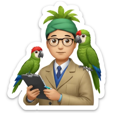 Middle-aged asian male vet – glasses, coat, writing notes on clipboard with parot on head sticker