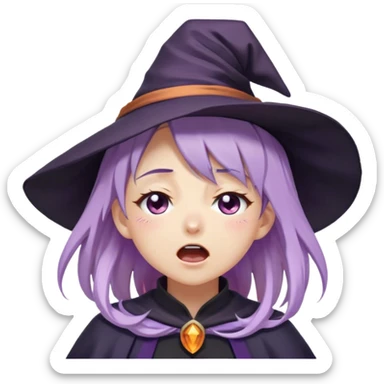cute anime girl with closed eyes crying and screaming with lilac hair in witch hat sticker
