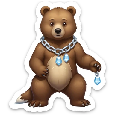 Complete full-length view of serious brown bear standing on four paws, showing entire body from nose to tail, with ice chain around neck sticker