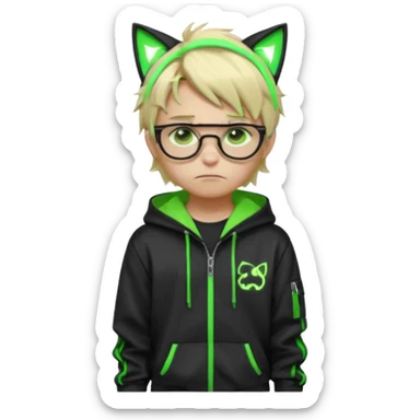 Light blond, slightly messy hair
Black glasses
A black hoodie with cat ears
Neon green details on the jacket and pants (glowing lines and stripes)
An overall hacker / cyberpunk style look
A neutral facial expression (boy )eyes brown) the hood with ears BROWN EYE BROWN EYE but sad sticker