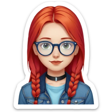 young woman facing forward, long straight bright red hair, blue translucent glasses, black septum ring, black choker necklace, dark denim jacket, calm neutral expression with light smile, cute face, olive white skin sticker
