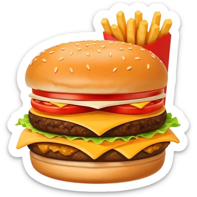 A clean and simple icon of fast food in emoji-style illustration. A burger with fries, nuggets and shawarma, bright and bold colors, simple shapes, flat design, high contrast, inviting and appetizing. sticker