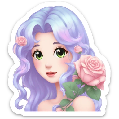 Gorgeous pastel anime style lady with blushing face and roses cottagecore fairycore pastelcore shiny colorful pearly petite simplistic aesthetic trending style sticker