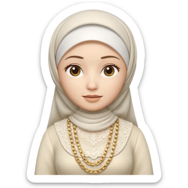 female memoji character, iPhone style, wearing white hijab, white lace top, pleated long skirt, cream handbag with gold chain, soft 3D shading, cute expression, no background, transparent PNG sticker