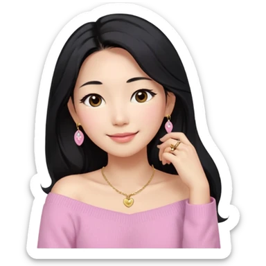 South Korean girl in her mid-thirties with long black hair and a middle part. She is wearing a baby pink, off the shoulder long sleeve knit sweater. She has small gold earrings and a gold necklace. She has brown eyes with narrow, mono lid shape and smiling with lips together sticker