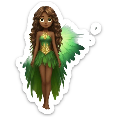 big wings, Beautiful, fairy, gold, brown, dark green, green, long hair sticker