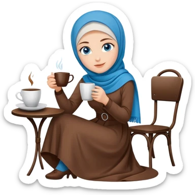 Turkish beautiful finish Konya girl blue eyes with brown hijab long tail dress and sits on the chair on the ground and holds cup coffe with her hand  sticker
