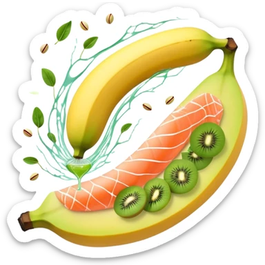 Banana, spinach, salmon fillet, sliced kiwi, pistachios, and a glass of orange juice emitting electrical sparks that flow toward a heart and nervous system. The electrical currents highlight the role these potassium-rich foods play in maintaining heart rhythm and muscle function. sticker