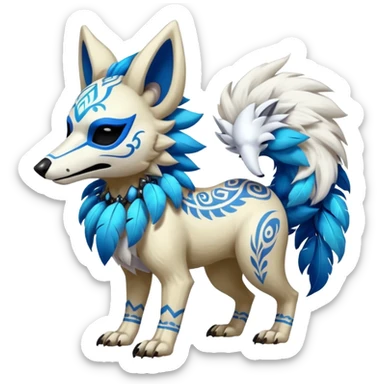 Furry cute colorful exotic tribal feral anime-styled Fakémon-Pokémon-animal-creature with a white wolf-skull-head-mask-face, and blue feathers around neck, with long furry ears, long furry tail, 4 legs, (full body), with intricate pattern-markings sticker