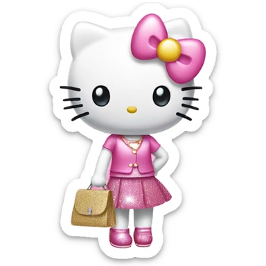 Twin hello kitty wearing pink skirt and glittery holding purse sticker