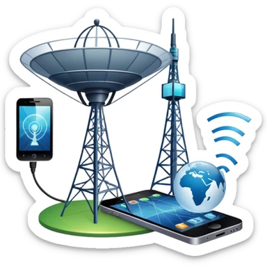An icon featuring a satellite dish, a cell tower emitting signals, and a smartphone displaying a chat interface. The design includes fiber-optic cables and data waves, symbolizing global communication, connectivity, and information exchange. Transparent background. sticker